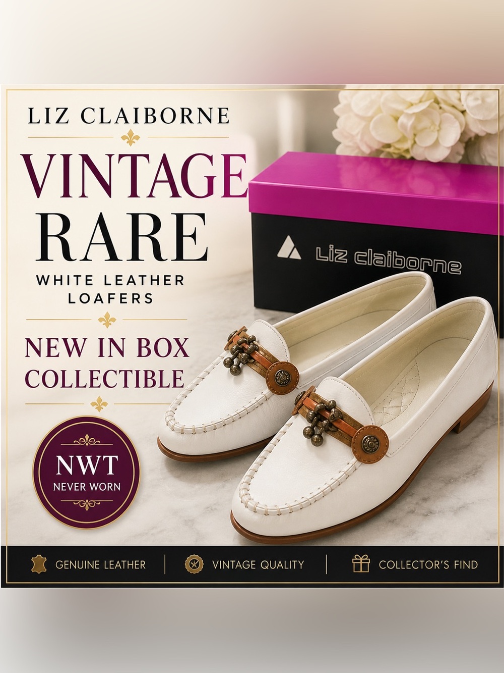 “Vintage Liz Claiborne White Calf Leather Loafers NWT Headstock Box Rare